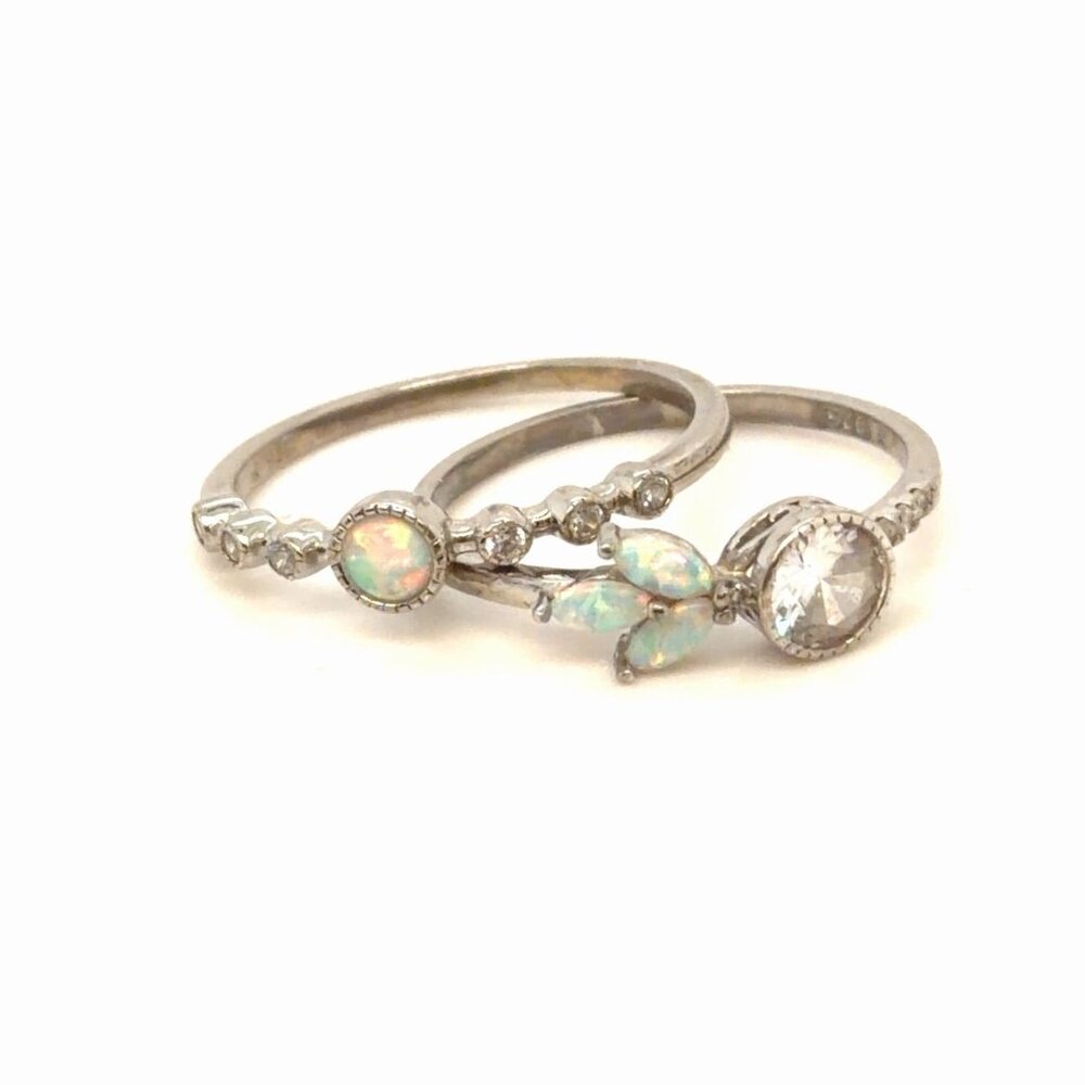 Sterling Opal and Cubic Zirconia Stackable Ring Set - White Opal